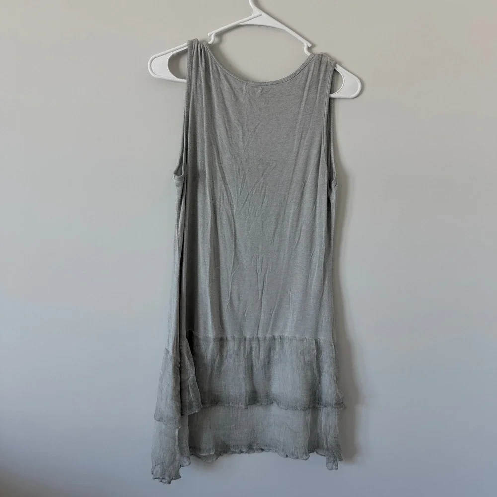 Fantazia Women Gray 3 Pc Set Linen Blend Tunic Tank Sheer Overlay‎ Scarf MED New